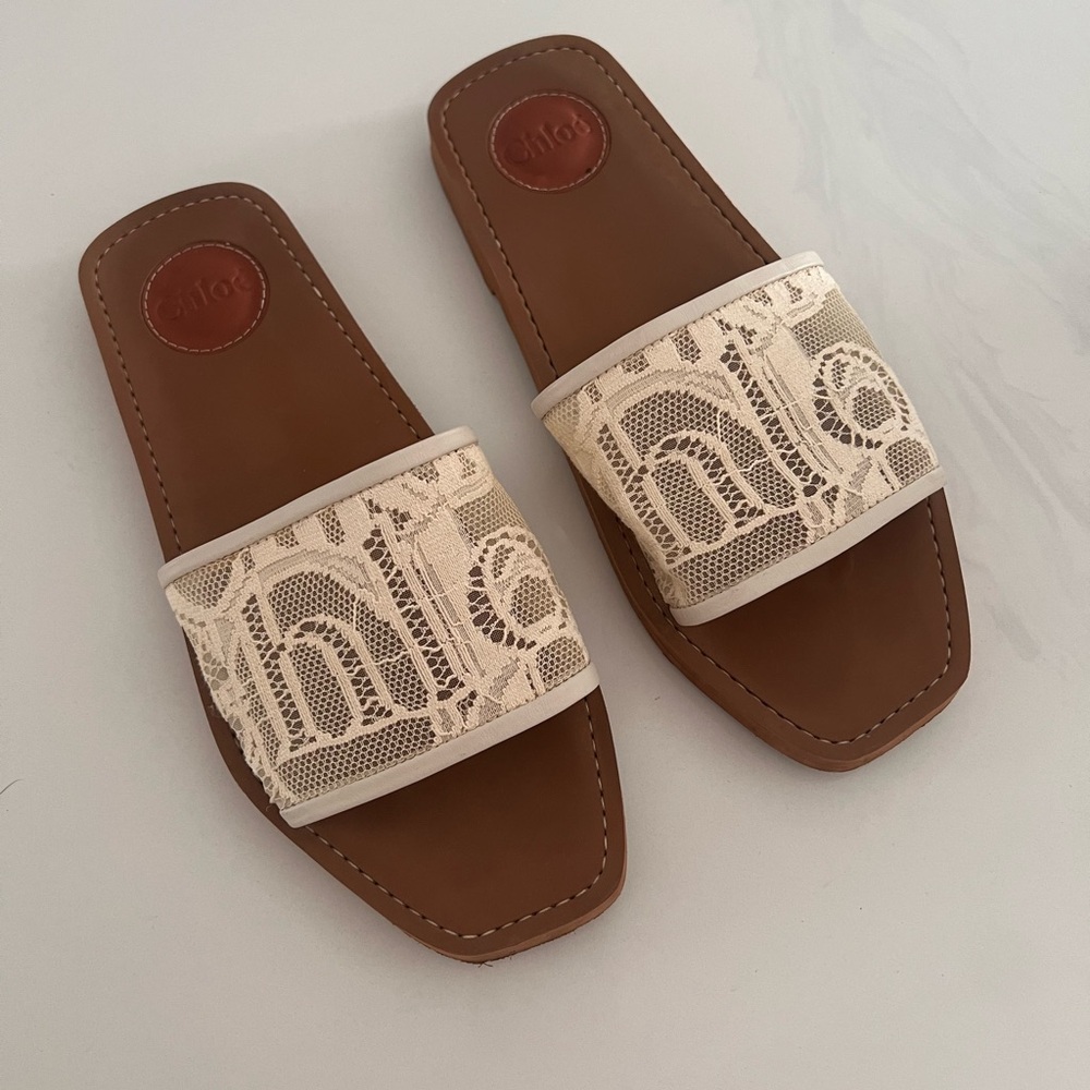 Chloé Cream and Brown Slide Sandals